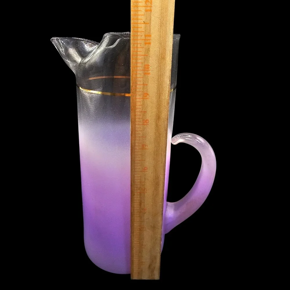 Vintage Blendo Frosted Ombre Purple‎ Pitcher & 6 Tumblers Gold Rim Barware Set
